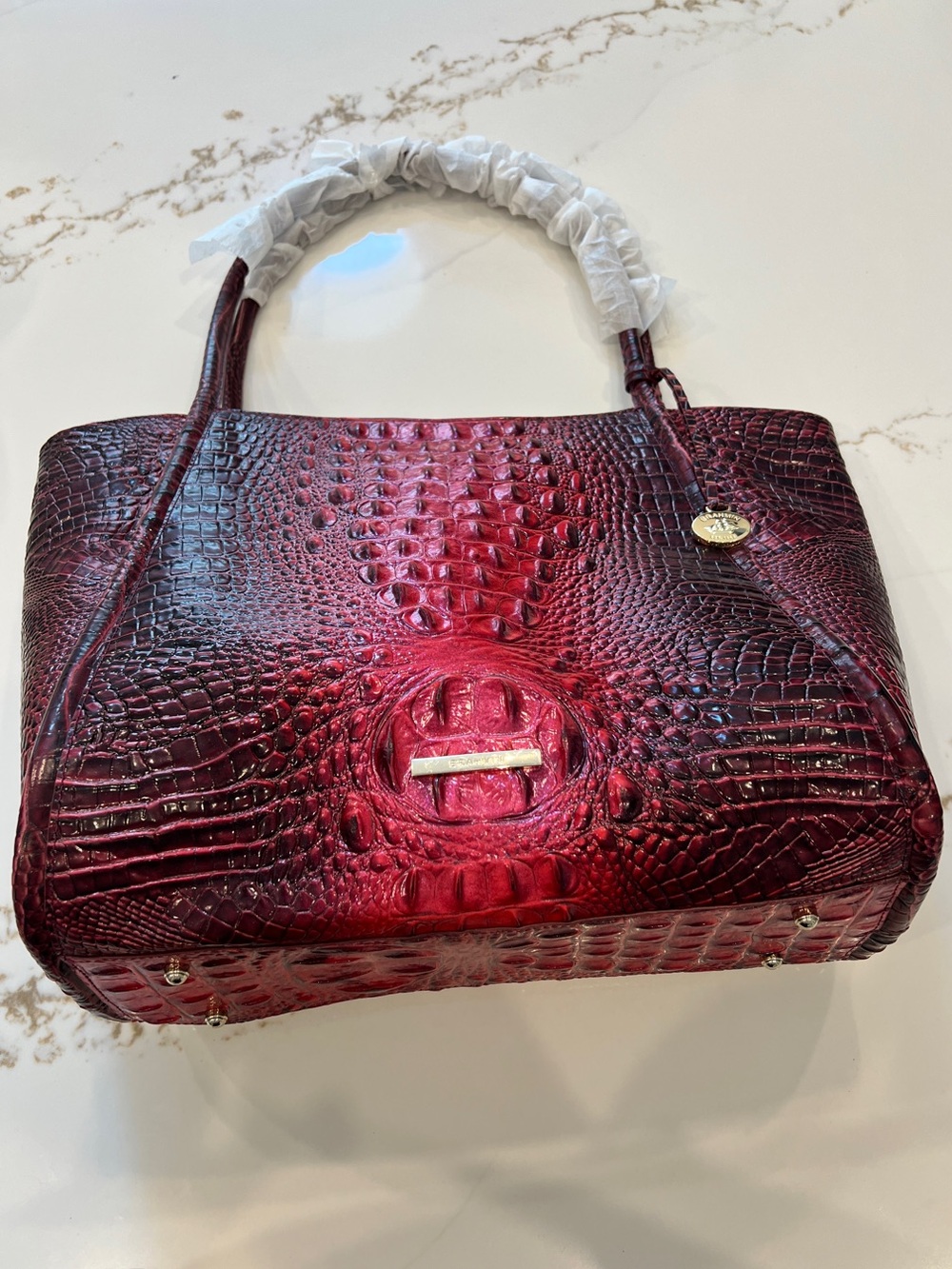 Brahmin Croc-Embossed Leather Tote in Deep Red